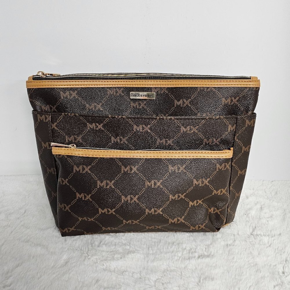 Max Studio Brown Insignia Clutch Cosmetic Bag